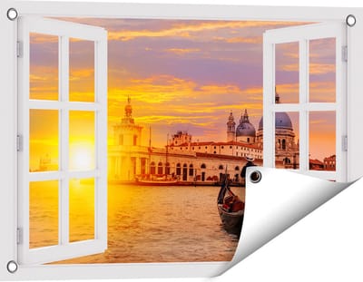 Gards Tuinposter Doorkijk Gondel in Venetië voor het Basiliek - 60x40 cm - Tuindoek - Tuindecoratie - Wanddecoratie buiten - Tuinschilderij