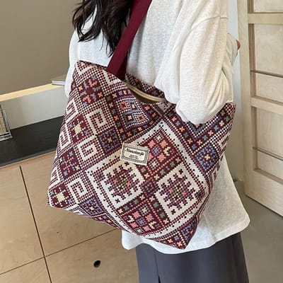 Sac à bandoulière en toile de grande capacité pour femmes, style ethnique, polyvalent, pour étudiantes white