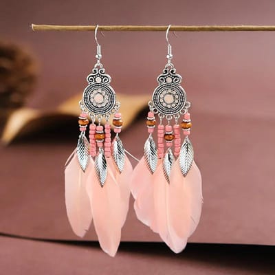 Etnische Lange Kwastjes Veer Drop Oorbellen Voor Vrouwen Elegante Houten Kralen Blad Kleurrijke Veer Hangende Oorbel Boheemse Sieraden gray