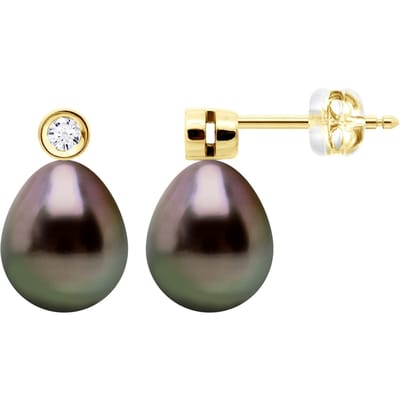 Oorbellen Prestige - Diamanten 0,02 ct - Geel goud - Echte gekweekte Tahiti parels Paar 9-10 mm