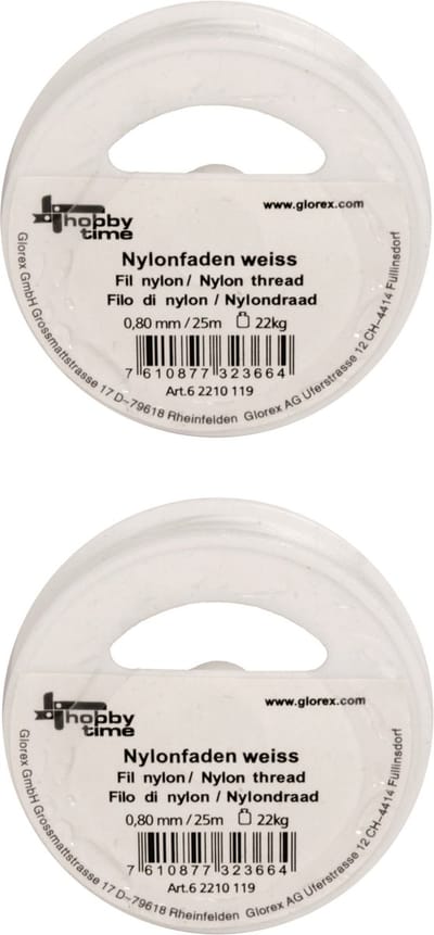 Glorex hobby nylon draad - 2x rollen - wit - 0.8 mm x 25 meter - knutselen - scheurvast