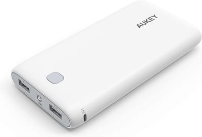 AUKEY Powerbank 20000 mAh - Draagbare Oplader met 2 USB Poorten, AiPower Technologie, Geïntegreerde Zaklamp, LED Batterij Indicator – Wit