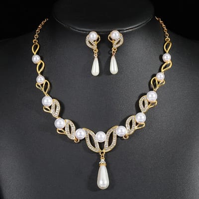 3-delige Damesmode Trouwseizoen Imitatie Parel Bloem Ketting Oorbellen Sieradenset Trouwdatum Feest Vakantie Cadeau-8942 black
