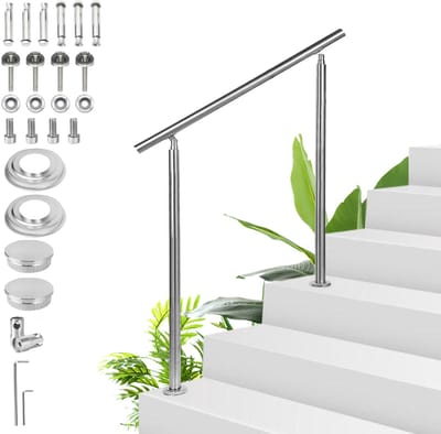 Trapleuning - Roestvrij Stalen - 120cm - Zonder Dwarsbalken - voor binnen en buiten - In Hoek Verstelbaar Trapleuningen - met Kogelring en 2 Palen - voor Trap Balkon Terras Borstwering - Ø 42 mm