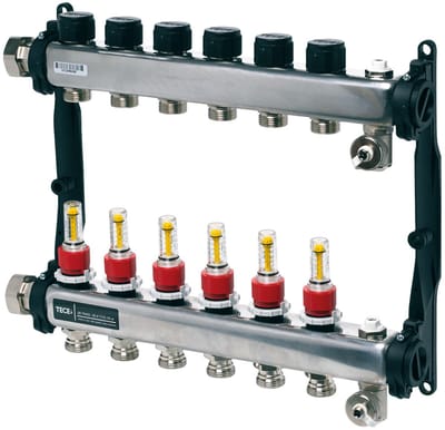 TECE TECEfloor SLQ rvs verdeler met flowmeter, 8 groepen, gepolijst, 1" bi.dr. vlakke dichting, 77310008