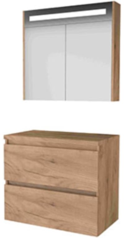 Basic-Line Premium 46 Badkamermeubelset - 80 x 46 cm - Greeploos - 2 Lades - Wastafelblad - Spiegelkast met LED Verlichting - Whisky Oak