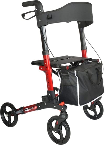 Rollator Plaza Lite - Lichtgewicht - Drie dubbel opvouwbaar - Anti-lek banden Soft Banden - Past in elke auto - Weegt 6,9 kg - Rood - Inclusief boodschappentas, stokhouder en rugsteun