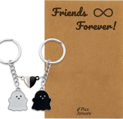 BFF Sleutelhanger voor 2 ' Friends Forever' - Spookjes + Magnetisch Hartje - Sleutelhanger set op Cadeau Kaartje - Zilverkleurig - Vriendschap Symbool - Pax Amare