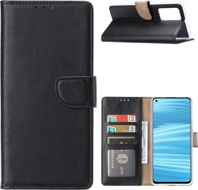 Hoesje Geschikt Realme GT2 5G Hoesje met Pasjeshouder Zwart - Hoesje Geschikt voor Oppo Realme GT2 5G hoesje Luxe Booktype Portemonnee case