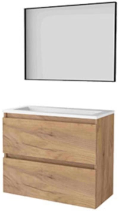 Basic-Line Framed 39 Badkamermeubelset - Ondiep - 80 x 39 cm - Met Grepen - 2 Lades - Acryl Wastafel - 1 Kraangat - Spiegel met Zwart Aluminium Frame - Whisky Oak