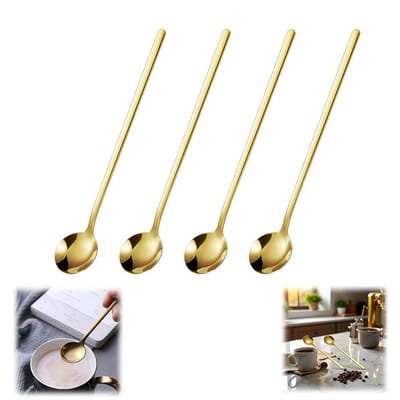 4 stuks - Koffielepel - Theelepel - Lepel met lange steel - Dessertlepel - IJslepel - Goud - Geschikt voor ijsthee, espresso en andere dranken - Roerlepel met lange steel van roestvrij staal - 17*3cm