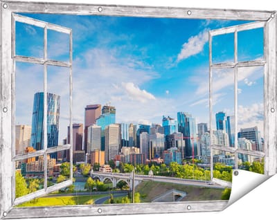Gards Tuinposter Doorkijk Skyline Calgary Stad in Canada - 120x80 cm - Tuindoek - Tuindecoratie - Wanddecoratie buiten - Tuinschilderij