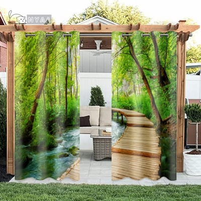 2 panelen buitenpaviljoen groen bos gordijn natuur tuingordijn binnenplaats balkon zonwering slaapkamer raam cortinas haak (70W185H)x2(CM)&Rod Pocket