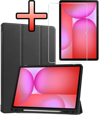 Hoes - Geschikt voor Samsung Galaxy Tab S10 FE - Met Screenprotector - Trifold Bookcase - Hard Cover Case - Met Uitsparing Geschikt voor S Pen - Hardcover Book - Tablet Hoesje - Zwart