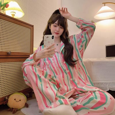 Pijama Dames Grote Maat Kersenprint Nachtkleding Set Top met Lange Mouwen+Broek Ruches Homewear Huidvriendelijk Ademend 5XL gray