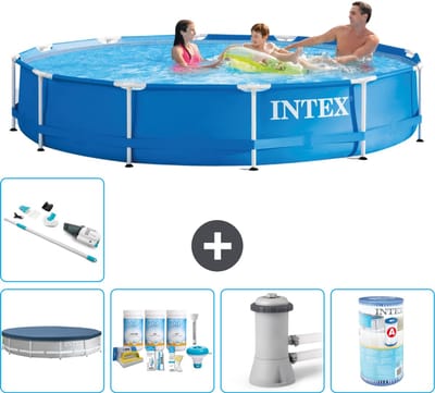 Intex Rond Frame Zwembad - 366 x 76 cm - Blauw - Inclusief Afdekzeil - Onderhoudspakket - Zwembadfilterpomp - Filter - Stofzuiger - 6-delig