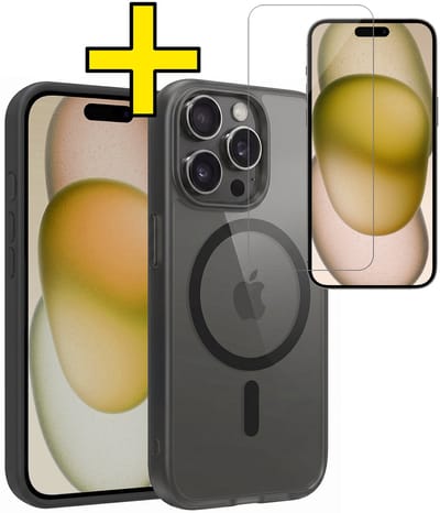 Hoesje - Met Screenprotector - Geschikt voor Apple iPhone 15 Pro - Magsafe Compatible - Sterk & Shockproof - Back Cover - Shock Proof Case - Telefoon Hoes - Telefoonhoesjes - Zwart