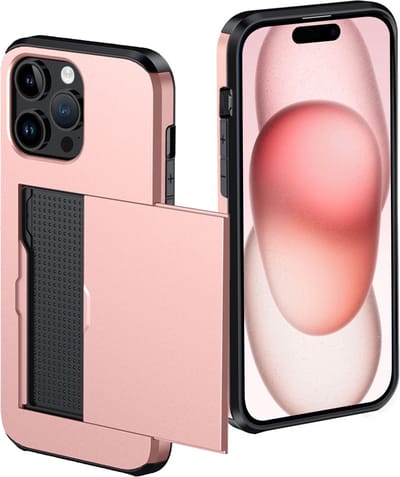 Hoes Geschikt voor iPhone 15 Pro Hoesje Pasjeshouder Hard Cover Shock Proof Hard Case Hoes Met Kaarthouder - Rosé goud