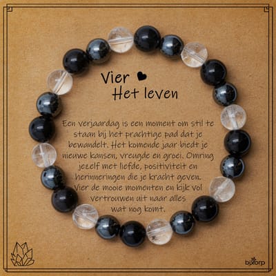 Bixorp Hematiet + Bergkristal + Obsidiaan Armband op Cadeau Kaartje - Vier het Leven - 8mm / 18cm Edelsteen Kralenarmband - Inclusief Cadeau Envelop