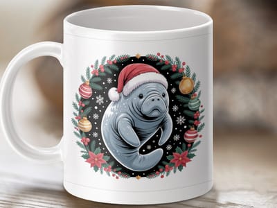 Mok Kerst Zeekoe, Feestelijke Koffiemok, Kerstman Hoed, Winter Mok, Unieke Zeekoe Mok, Cadeau Idee