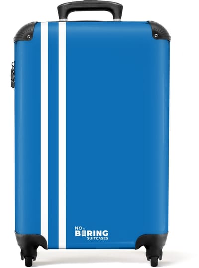 NoBoringSuitcases.com® - Handbagage koffer lichtgewicht - Reiskoffer trolley - Blauw met dubbele witte strepen - Reis rolkoffer met wieltjes - Carry on reistrolley op wielen - Luggage suitcase - 55x40x20 en 55x35x25 - Bagage 55 cm