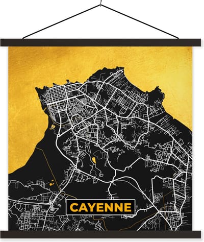 Posterhanger incl. Poster 60x60 cm - Schoolplaat - Stadskaart – Plattegrond – Kaart – Frankrijk - Cayenne - Textielposter - Zwarte latten - Stadskaart
