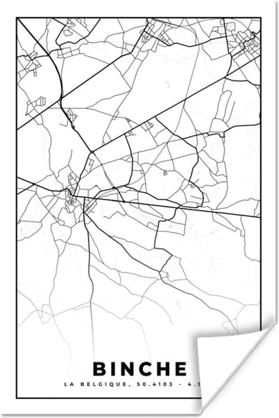 Poster Plattegrond – Binche – Zwart Wit – Stadskaart - Kaart - België - 120x180 cm XXL