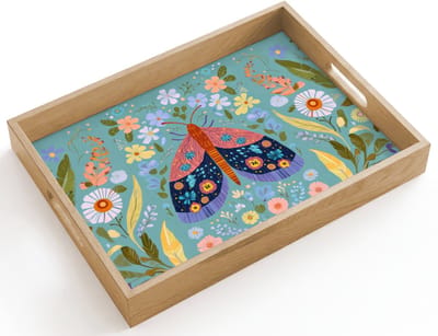 Dienblad hout 40x30 cm - Schootdienblad - Vlinder - Sierlijk - Bloemen - Bladeren - Borrelplank rechthoek - Plateau dienbladen