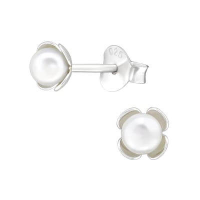Joy|S - Zilveren parel oorbellen - 4.7 mm oorknopjes - parel bloemetje - kinderoorbellen