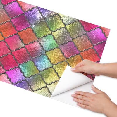 Coloray Meubel Wrap Folie - Rood Meubelfolie - 50x100 cm - Meubelfolie Zelfklevend Regenboogkleurig glas-in-lood - Wrapfolie Keuken - Modern Meubelfolie - Decoratiefolie - Tafeldecoratie - Achtergronden en patronen