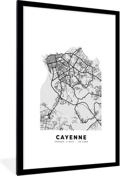 Fotolijst incl. Poster - Plattegrond - Cayenne - Stadskaart - Kaart - Frankrijk - 60x90 cm - Posterlijst
