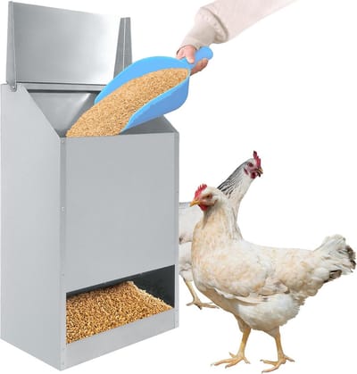 Kippenvoerbak - Veevoer Dispenser - Gevogelte Voeden - Waterdicht Ratproof - 22.5kg Capaciteit - Zilver