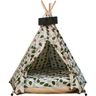 Tente pour animaux de compagnie, niche pour chien en tissu lin et bois, tapis amovible et lavable M（50×50×60cm）