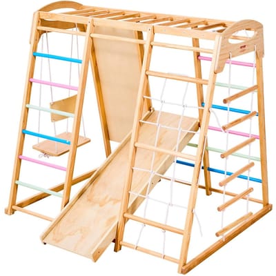 Aire de jeux intérieure Jungle Gym, Aire de jeux intérieure en bois 7-en-1 pour enfants, Ensemble de jeux d'escalade Montessori 113KG avec balançoire, Barre de singe, Toboggan, Bois