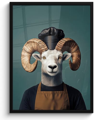 Poster in lijst - Fotolijst 50x70 cm - Posters - Geit - Hoorns - Kokskleding - Posterlijst zwart - Decoratie - Wanddecoratie woonkamer - Muurdecoratie slaapkamer