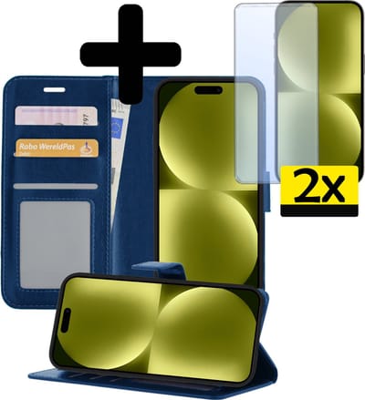 Hoesje - Met 2x Screenprotector - Geschikt voor Apple iPhone 15 - Luxe Pasjeshouder - Bookcase Portemonee - Flip Case - Kunstleer Book Case - Flipcase Hoes - Book Cover - Walletcase - Portemonneehoes - Telefoonhoesjes - Donkerblauw