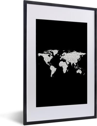 Poster in lijst - Fotolijst 40x60 cm - Posters - Wereldkaart - Design - Grijs - Wit - Posterlijst zwart - Decoratie - Wanddecoratie woonkamer - Muurdecoratie slaapkamer