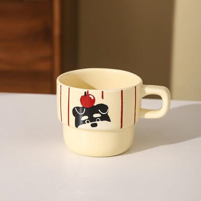 Schnauzer Hoge Waarde Keramische Stapelbekers Huishoudset Cartoon Puppy Kantoor Keramische Waterbeker Koffiekop 201-300ml beige