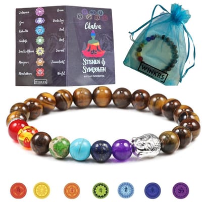 Chakra Armband Buddha - 19CM - Stretch armband met Tijgeroog Natuursteen Kralen, Boeddha en Chakra stenen