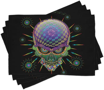 ABAKUHAUS psychedelische placemats, Halloween Mexicaanse schedel, wasbare stof, eetkamer/keuken tafeldecoratie, digitaaldruk, zwart-paars