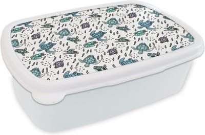 Broodtrommel Wit - Lunchbox - Brooddoos - Patronen - Schildpad - Vissen - 18x12x6 cm - Volwassenen