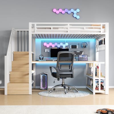 VVBV Hoogslaper 90x200 met Bureau, LED & Opbergruimte - Kinderbed Metaal Wit, Trap, USB & Type-C
