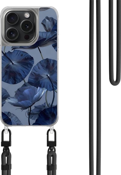 Hoesje met koord geschikt voor iPhone 14 Pro - Dusky blooms - Inclusief zwart koord - Crossbody beschermhoes - Transparant, Paars - Mooie Telefoonhoesjes