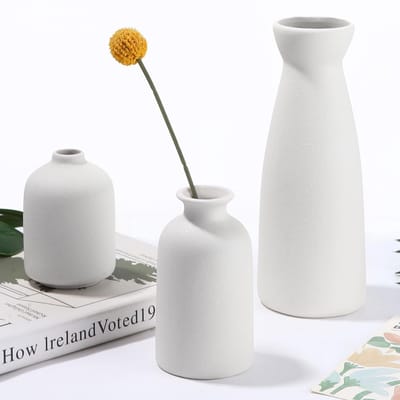 3 witte keramische vazen, moderne en minimalistische Scandinavische bloemenvaas voor interieurdecoratie, boeket verse gedroogde bloemen, decoratie van kleine vaas, tafeldecoratie