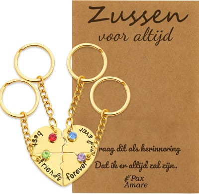 BFF Sleutelhanger voor 4 'Zussen voor altijd' - Hartje Puzzelstukjes & Kristal - Sleutelhanger set op Cadeau Kaartje Sleutelhanger set - Goudkleurig - Vriendschap Symbool - Pax Amare