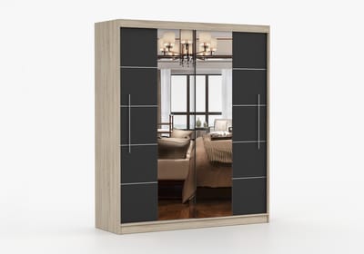 ​Kledingkast NICO III 203 cm - 2-deurs schuifdeurkast met spiegel en decoratieve lijsten - Garderobekast met ruime opbergruimte - Moderne kast voor slaapkamer en hal (Sonoma + Zwart)