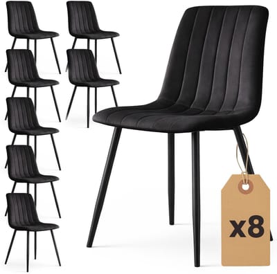 Set van 8 Eetkamerstoelen LIVO / Gestoffeerde Stoelen / Fluwelen Stoelen en Metalen Poten / Zwart met zwarte benen