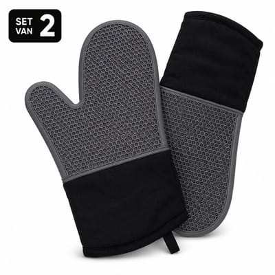 Benza Ovenwanten Set van 2 – Siliconen & Katoen – Antislip Ovenhandschoenen – Hittebestendig tot 250°C – Zwart/Grijs – 31,5 x 18,5 cm