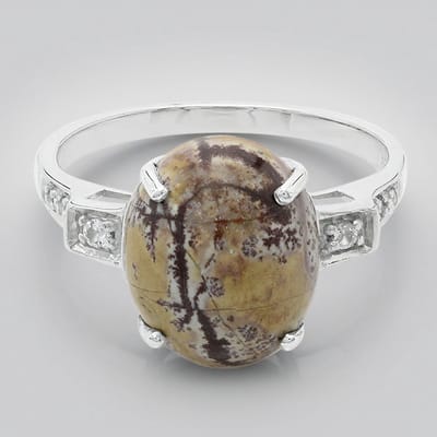 Cavill - Zilveren Ring met Sonora Dendrieten Jaspis 4,34 ct - 925 Sterling Zilver - Ovaal Cabochon - Witte Topaas - Boho Chique Sieraad