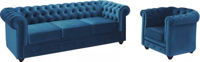 Vente-unique Driezitsbank en fauteuil CHESTERFIELD - velours - groenblauw